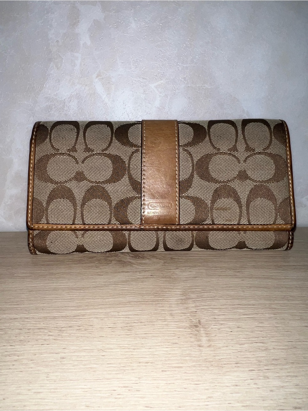 Coach Signature Canvas Checkbook Wallet Khaki Brown Leather